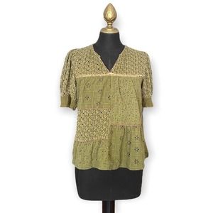 Bl-nk London Anthropologie Shirt Blouse Bohemian Summer Fall Eyelet Green Small
